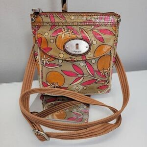 Fossil Key-Per Crossbody‎ Bag Brown Orange Blossom Water Resistant Vegan Fruit
